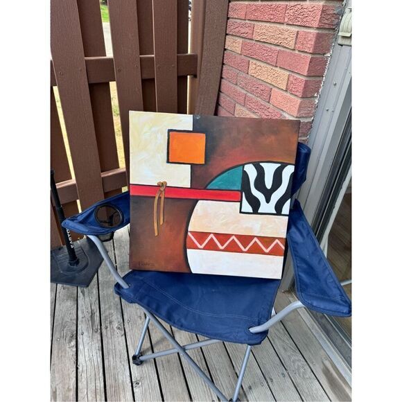 Abstract Geometric painting canvas western cow Leather 20 x 20  Donna Francis Wi - Picture 6 of 16